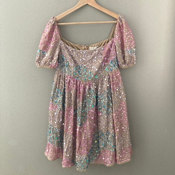 Maya Deluxe NEW Puff Sleeve Sequin Embellished Mini Dress - Gold Multi - 6 - Picture 2 of 10